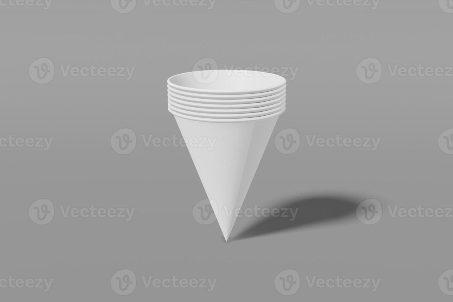 Set of white paper mockup cups cone shaped nested into each other on a grey background. 3D rendering photo