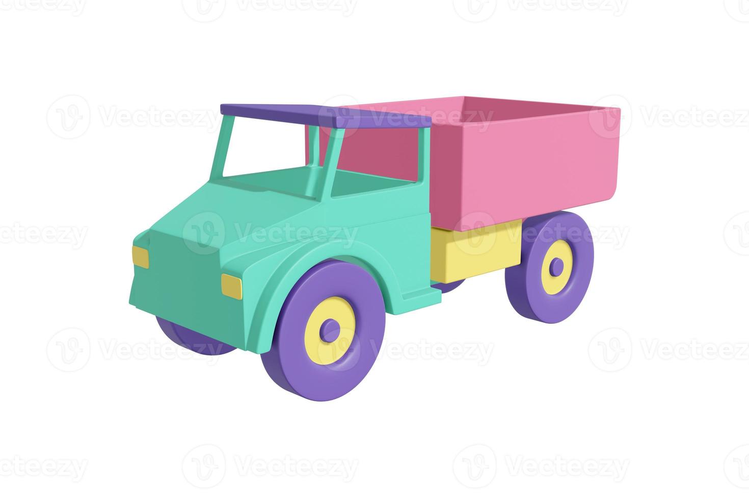 coche de camión con un diseño realista de estilo de dibujos animados de cuerpo en color verde pastel, coral, amarillo, púrpura. niños juguete fondo blanco aislado. concepto de transporte minimalista. representación 3d foto