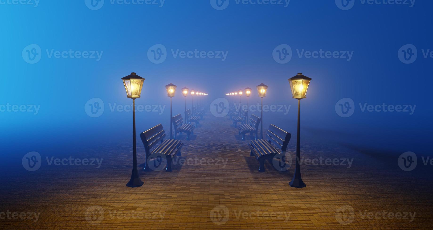 Night park blue fog alley bench lantern. Surrealistic cartoon minimalistic scene lonely, empty. Cinematic light glowing smoke. 3D rendering photo