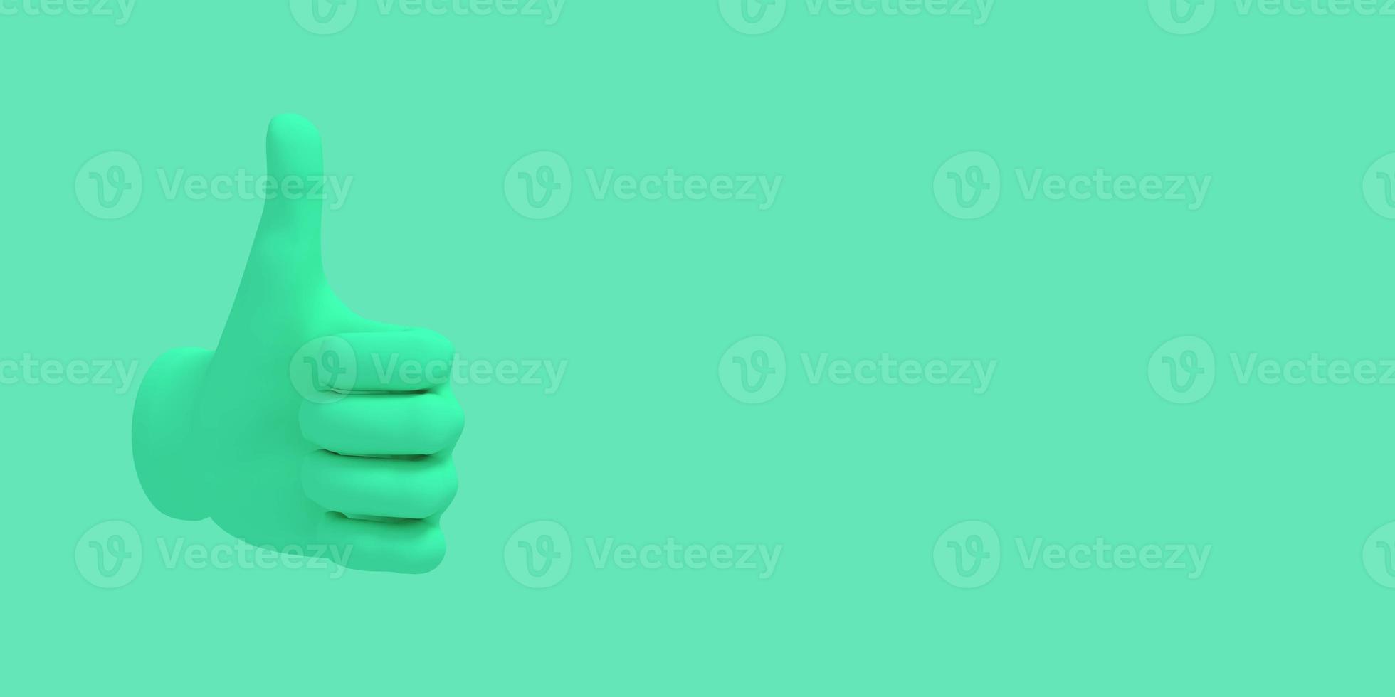 Cartoon hand thumb up. Illustration on green color background. 3D-rendering. photo