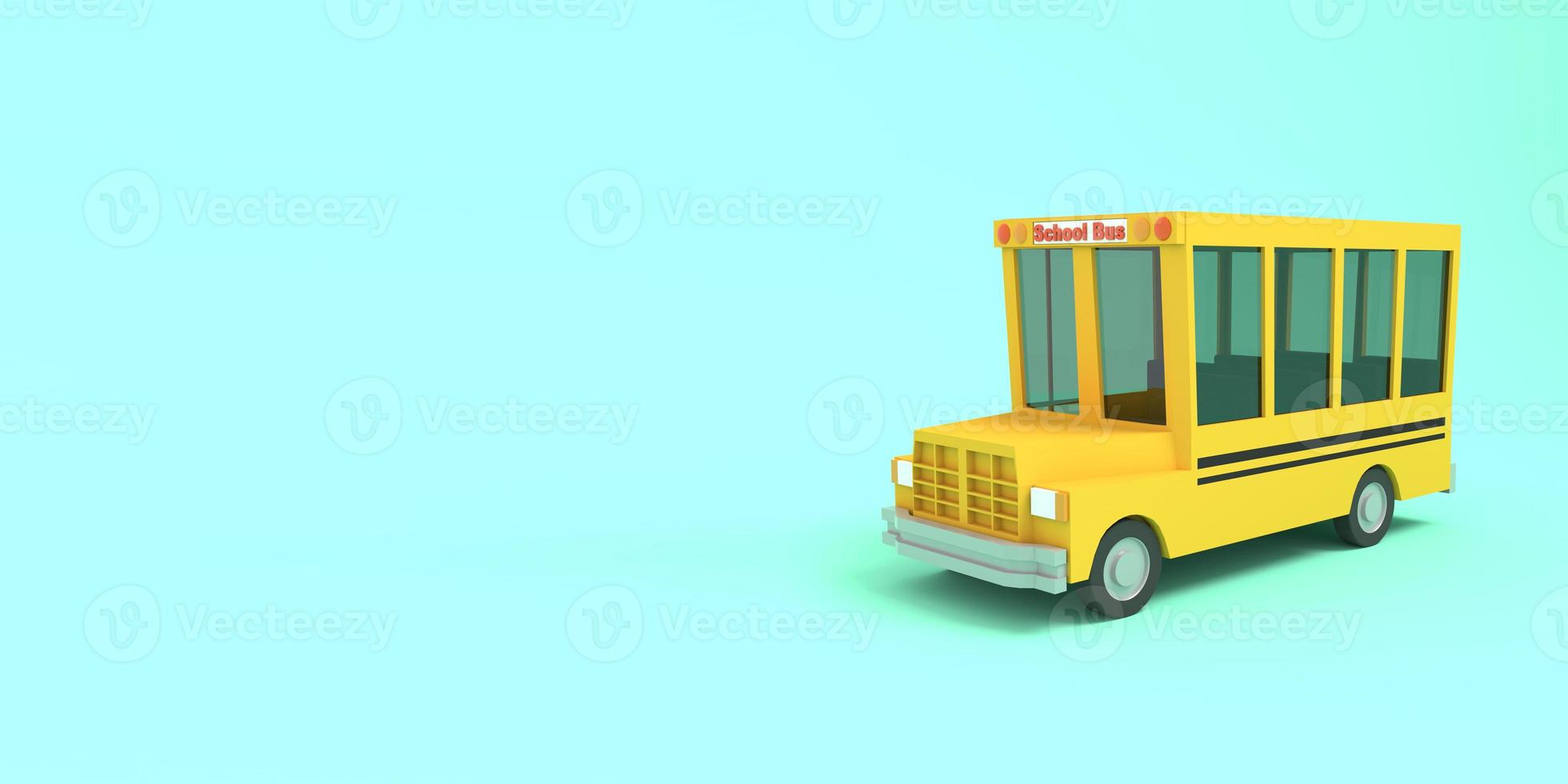 autobús escolar de dibujos animados amarillo sobre un fondo azul. simple ilustración escolar aislada. representación 3d foto