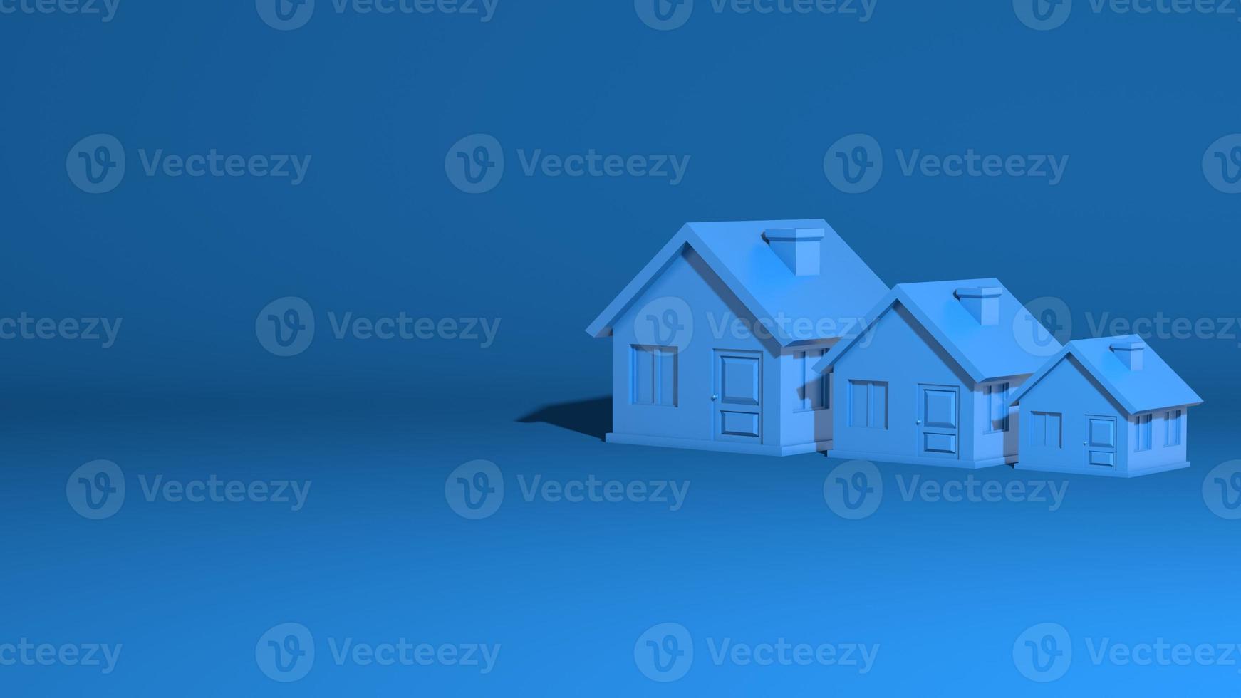 Three houses, large, medium, small. The model is a one-story village building. Stylish minimal abstract horizontal scene, place for text. Trendy classic blue color. 3D rendering photo