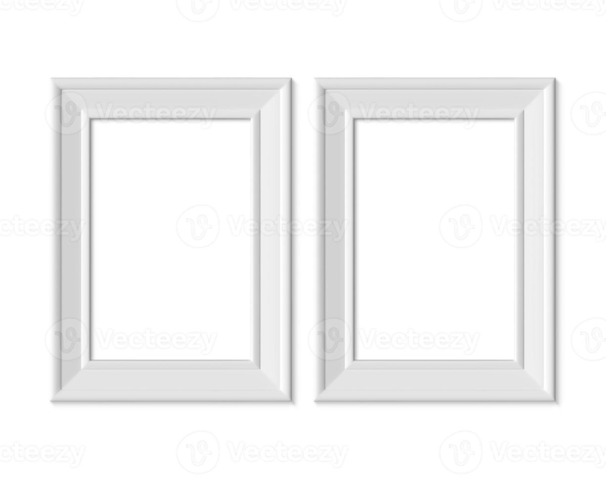 establecer 2 maquetas de marco de imagen de retrato vertical de 2x3 a4. papel realista, madera o plástico blanco en blanco. plantilla de maqueta de marco de póster aislado sobre fondo blanco. procesamiento 3d foto