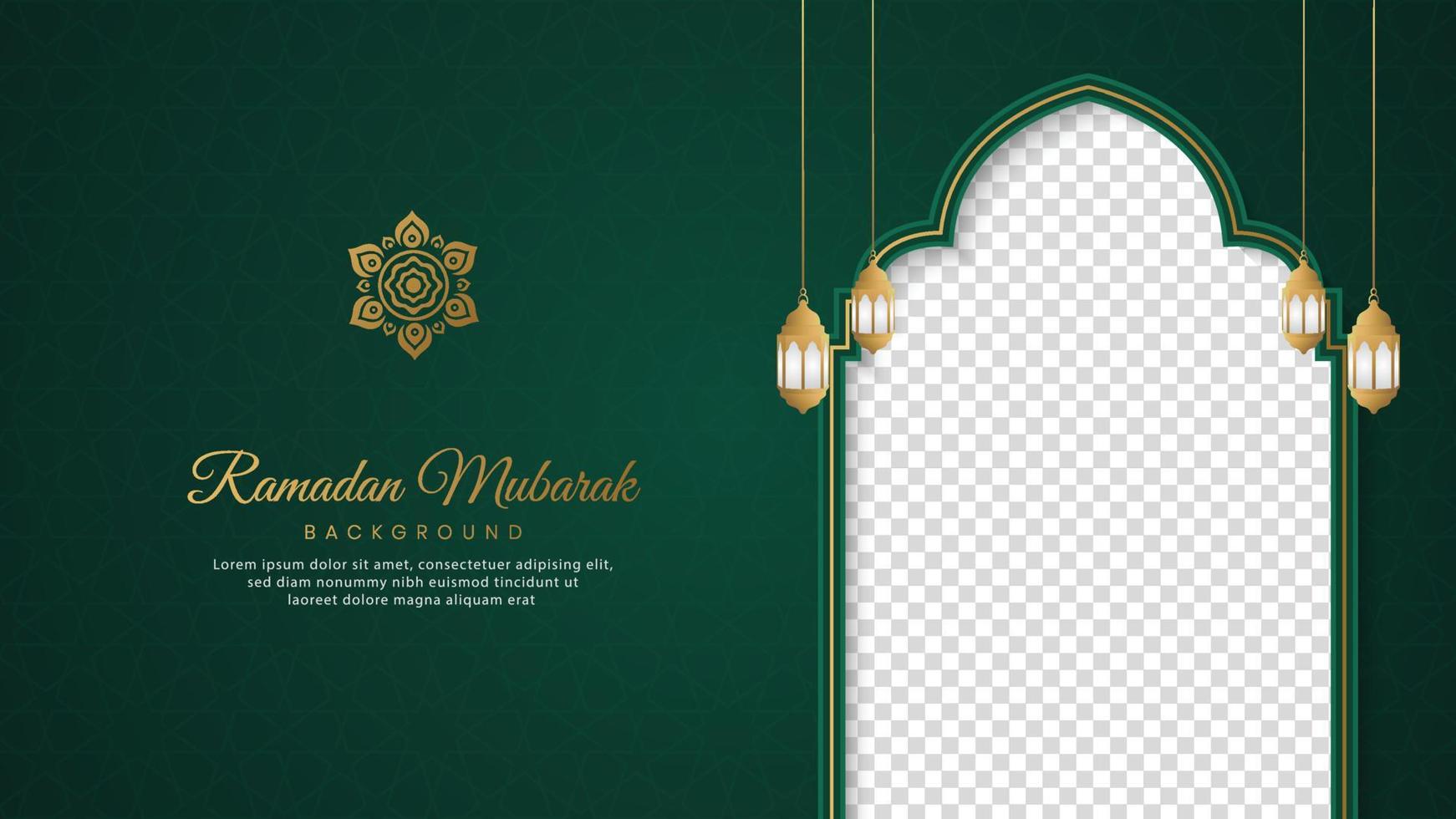 Ramadan Mubarak, Islamic Arabic Green Luxury Background with Geometric pattern and Empty Space for Photo vector