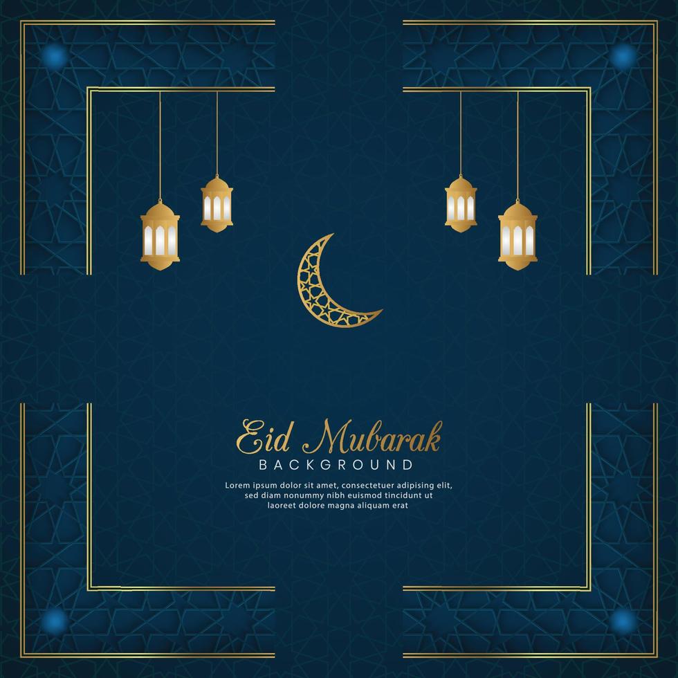 eid mubarak, fondo de lujo azul árabe islámico con marco de patrón geométrico y linternas vector