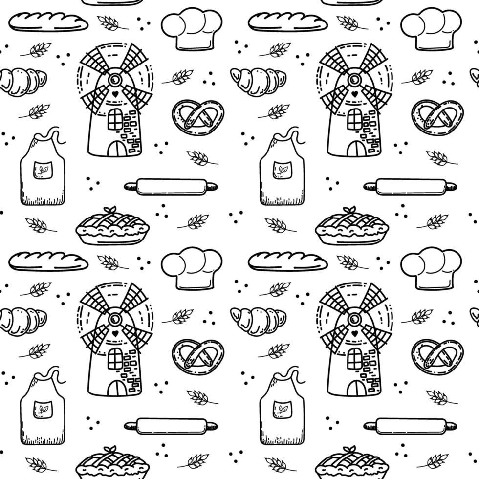 Seamless pattern with mill and baked goods, hand-drawn elements in doodle style. Mill, chef's hat, apron, rolling pin, bread, croissant, and bagel. vector