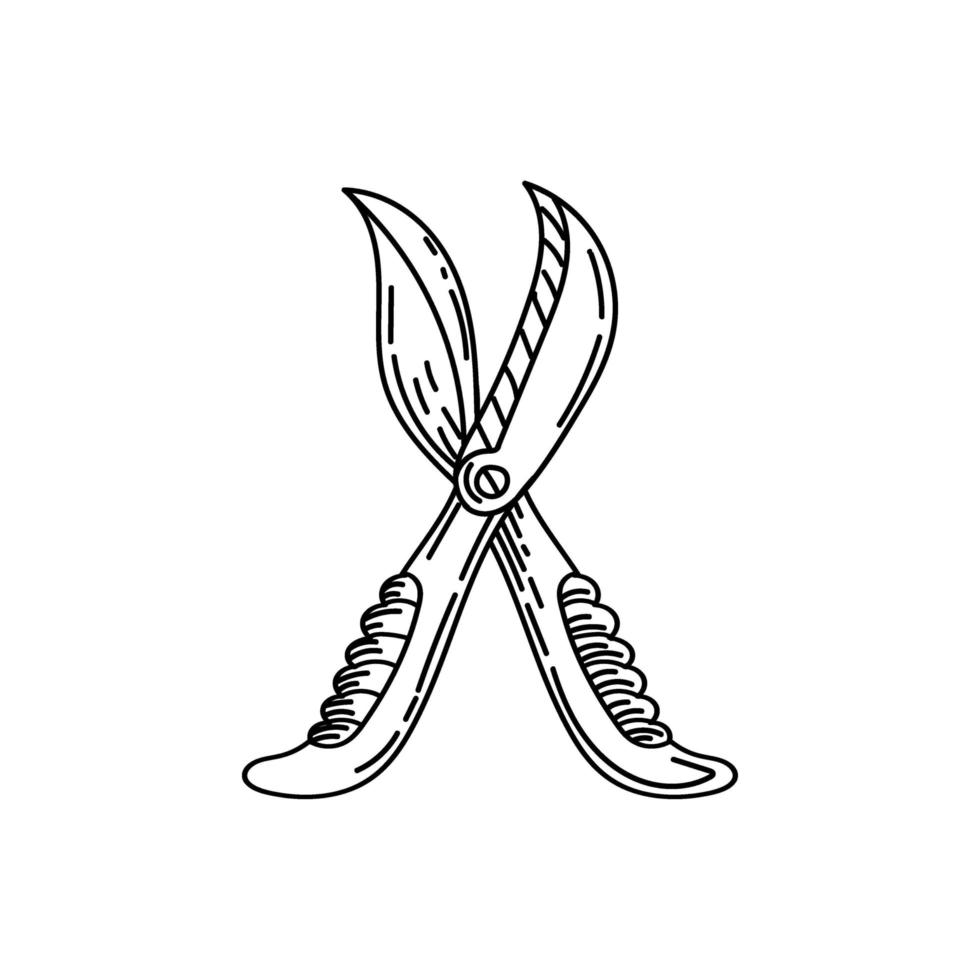 Pruning shears, garden shears, hand-drawn doodle-style element. Tool for pruning trees and shrubs. Simple vector in linear style for logos, icons and emblems - tool for gardening, plant care.