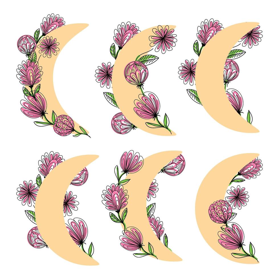 Moon with flowers, hand-drawn doodle-style elements. Fantasy flowers. Spring, design elements. Spring. vector