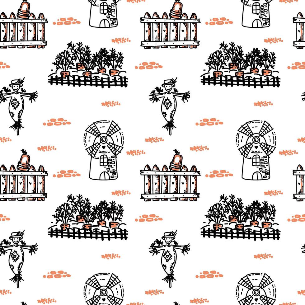 A seamless drawing with a windmill, carrot beds, and a scarecrow. Hand-drawn doodle-style elements. Cute windmill with a heart. Suitable for textiles, wallpaper and packaging. vector