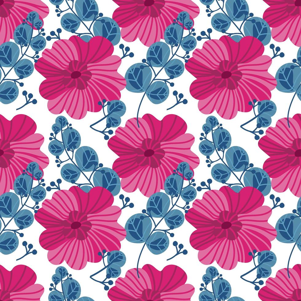 A seamless pattern of flowers and branches. Hand-drawn doodle-style elements. Cute, fantastic roses on a white background. Magical plants. Suitable for textiles, wallpaper and packaging. vector