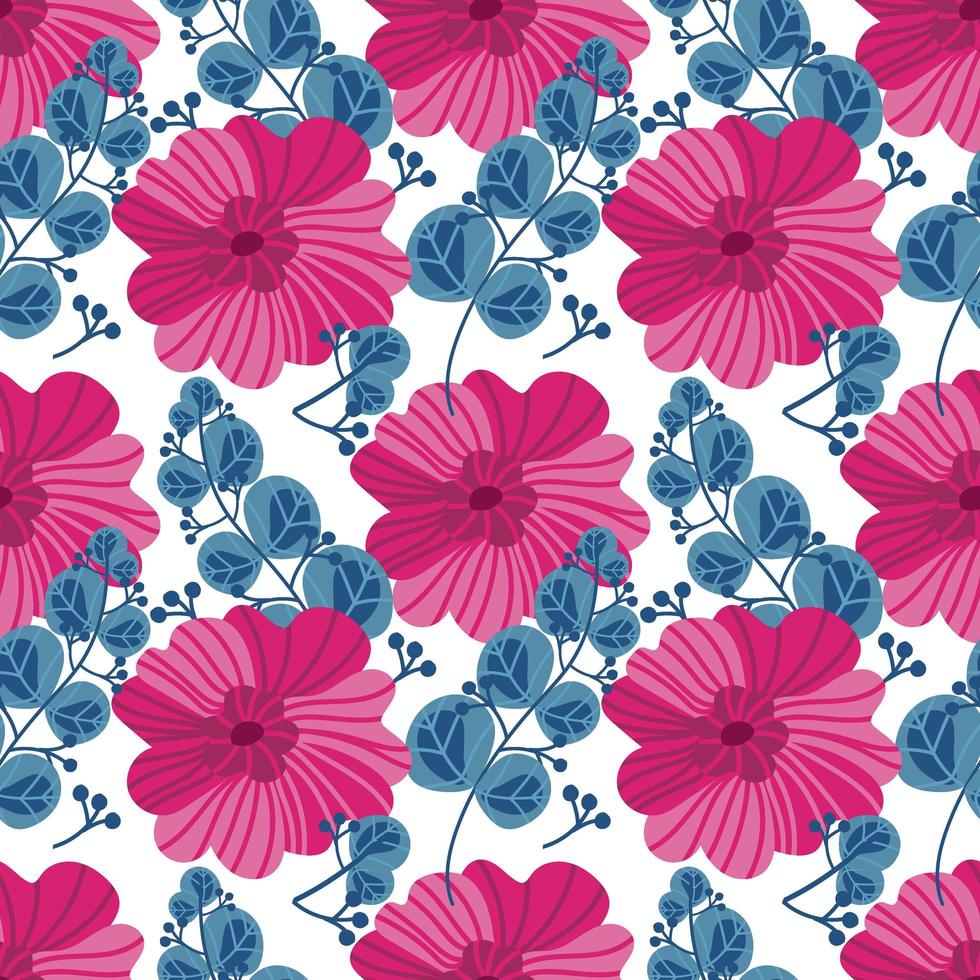 un patrón sin fisuras de flores y ramas. elementos estilo garabato dibujados a mano. lindas y fantásticas rosas sobre un fondo blanco. plantas mágicas. adecuado para textiles, papel pintado y embalaje. vector