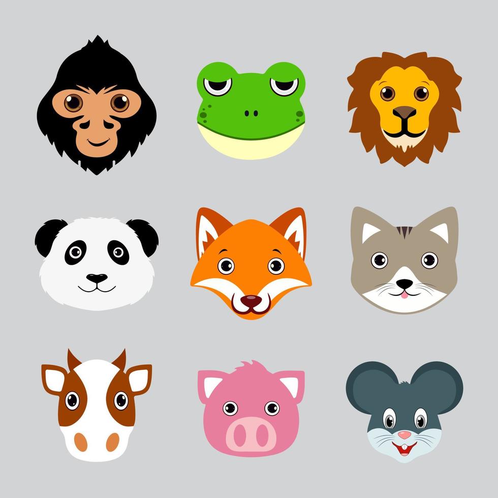 colección de diseño de dibujos animados de cara de animal. paquete de  concepto de icono de diseño de dibujos animados de animales. conjunto de  caracteres de cara de animal. 6470269 Vector en