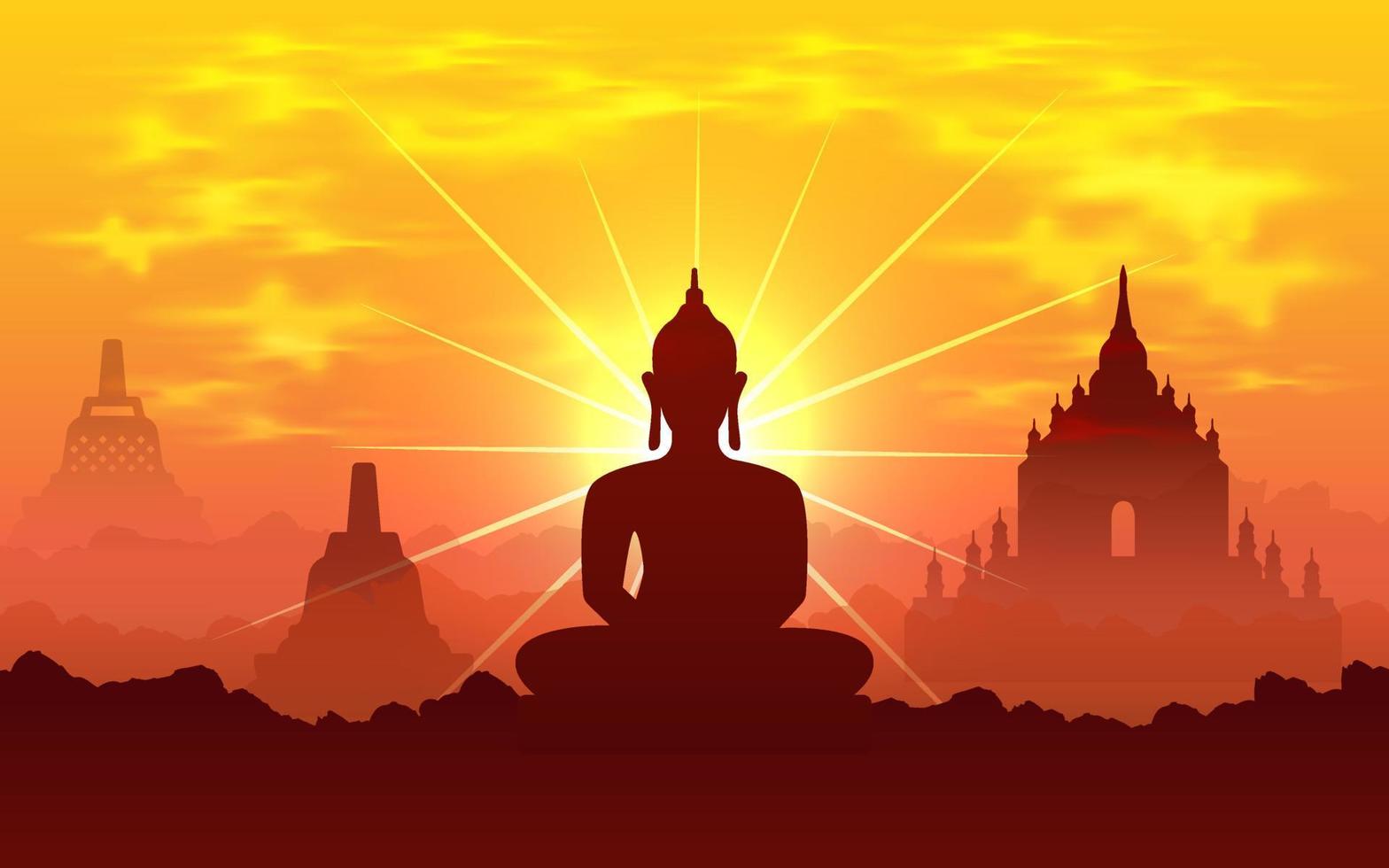 Vesak Day background vector illustration with temple and shinny Lord Buddha silhouette. Celebration Vesak Day Design.