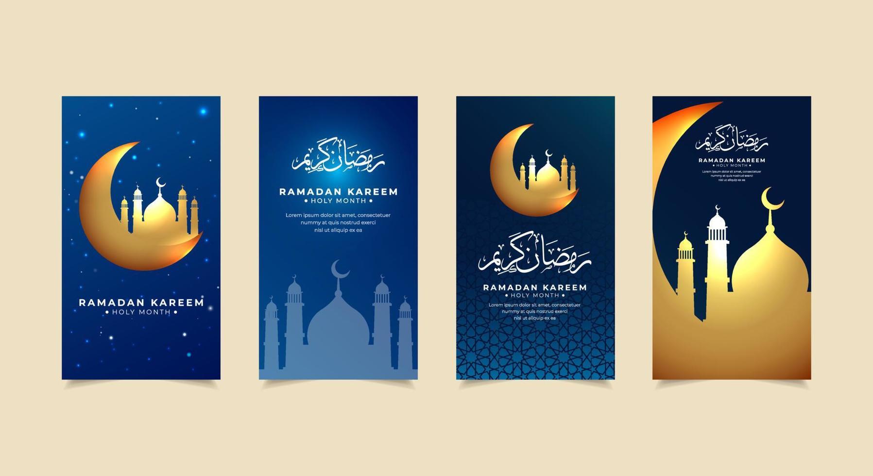 Ramadhan kareem design Stories Collection. Ramadhan kareem template stories suitable for promotion, marketing etc. Celebration ramadan kareem background with shinny crescent moon and mosque silhouette vector