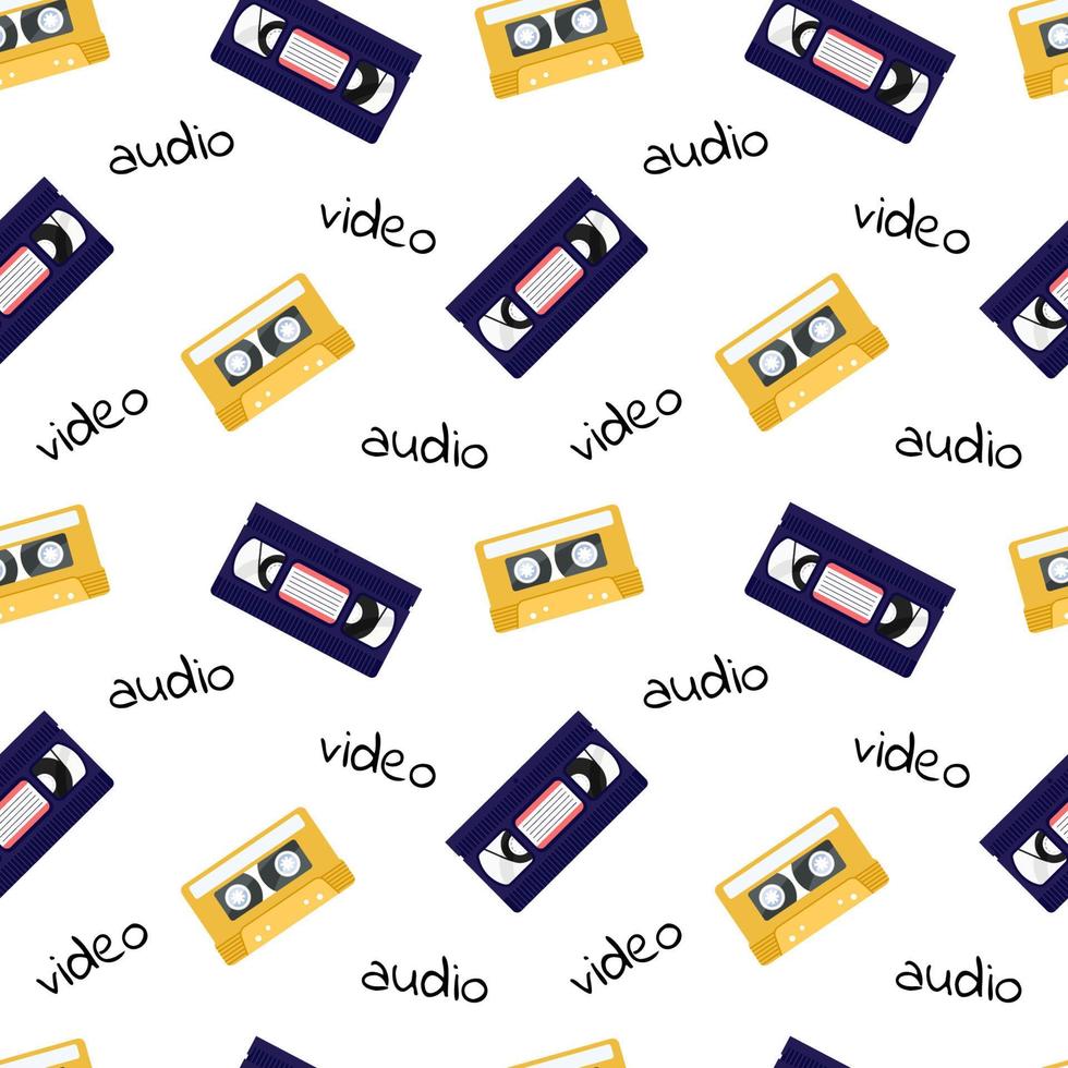 patrón de los 90. fondo retro sin costuras con cintas de video y audio. casetes vhs. ilustración plana vectorial para diseños, telón de fondo, textil, tela vector