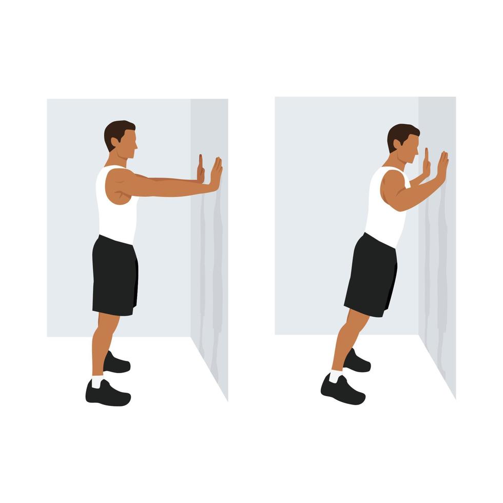 hombre haciendo push up en la pared. ejercicio de prensa de pie. ilustración vectorial plana aislada sobre fondo blanco. conjunto de caracteres de entrenamiento vector