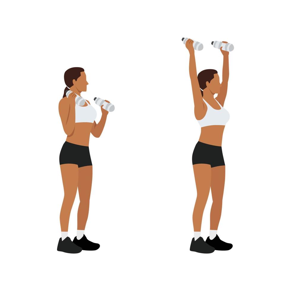 Woman doing Overhead shoulder press with water bottle exercise. Flat vector illustration isolated on white background