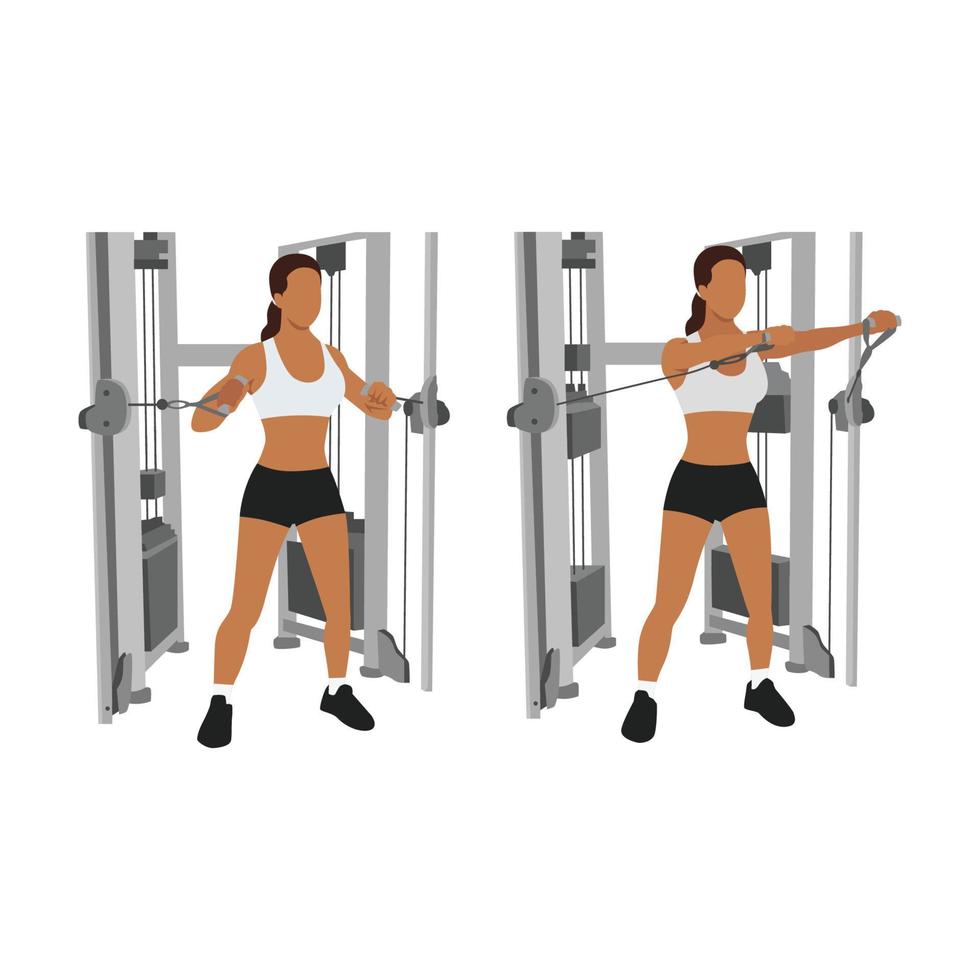 Woman doing standing cable chest press exercise, Flat vector