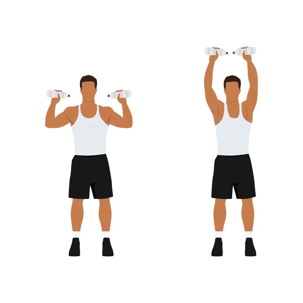 Man doing Overhead dumbbell shoulder press with water bottle exercise. Flat vector illustration isolated on white background