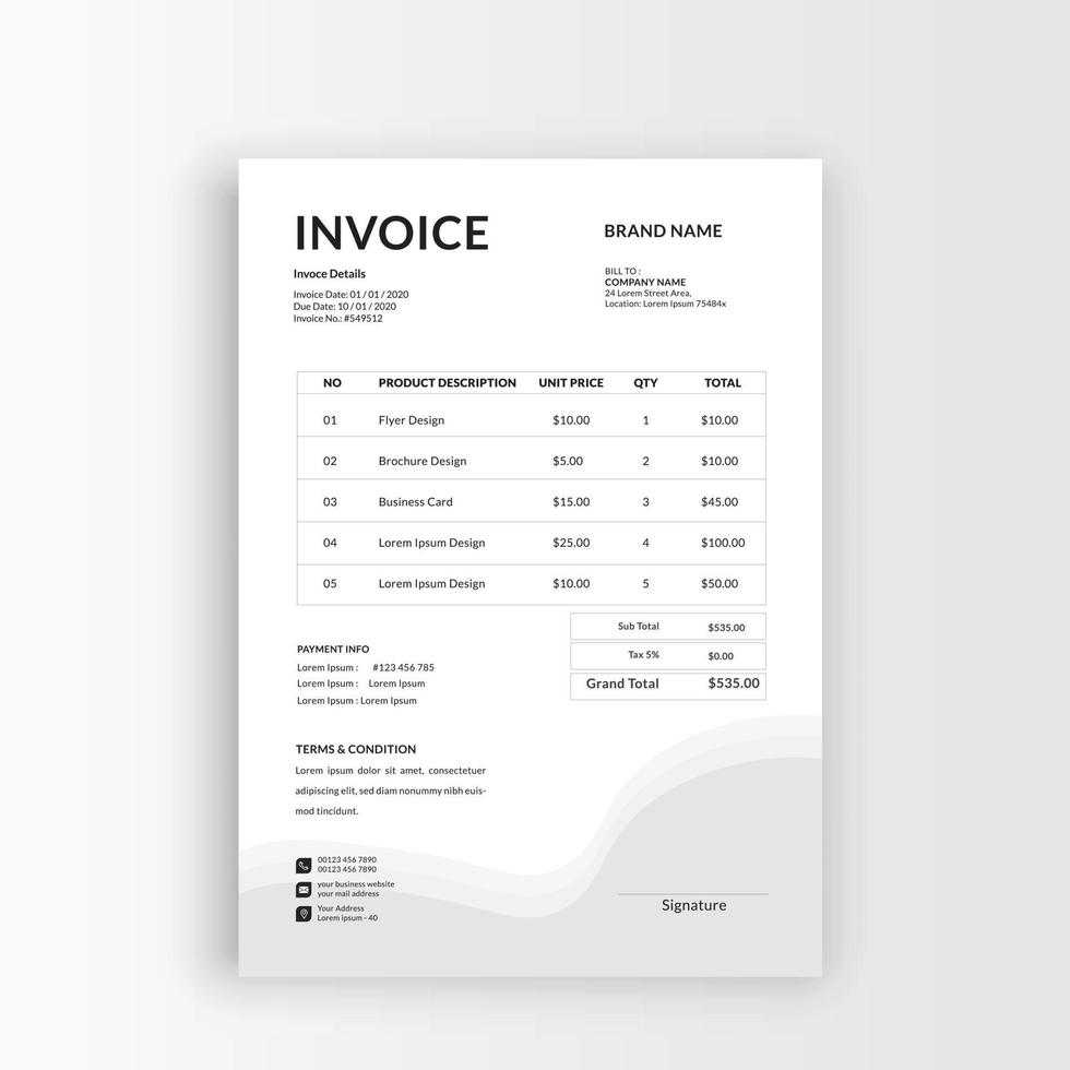 Clean and minimalist business invoice template, receipt voucher, sales invoice vector