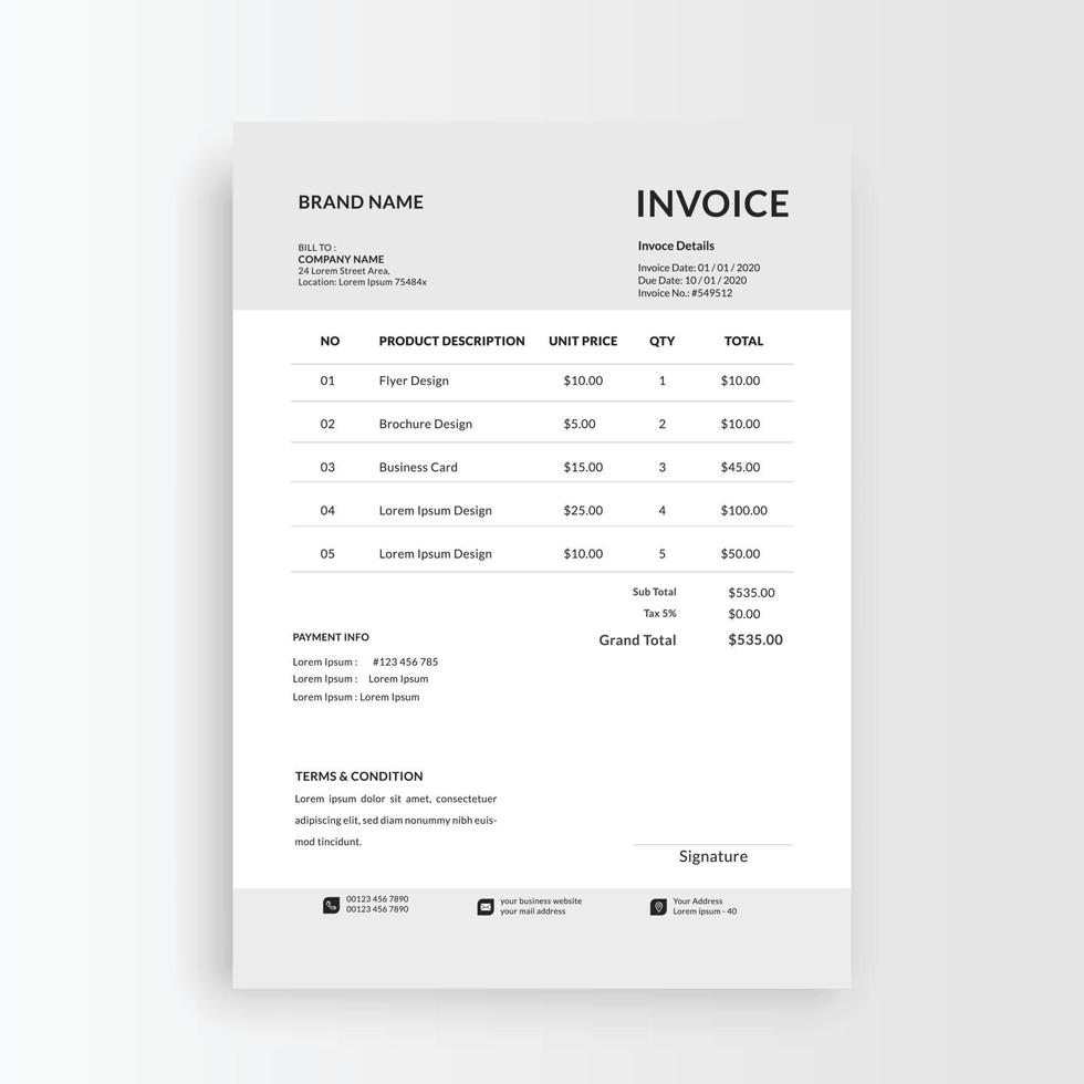 Clean and minimalist business invoice template, receipt voucher, sales invoice vector