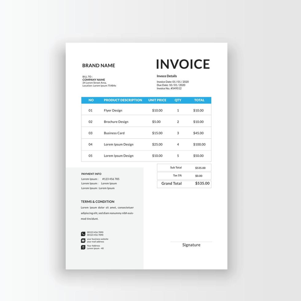 Clean and minimalist business invoice template, receipt voucher, sales invoice vector