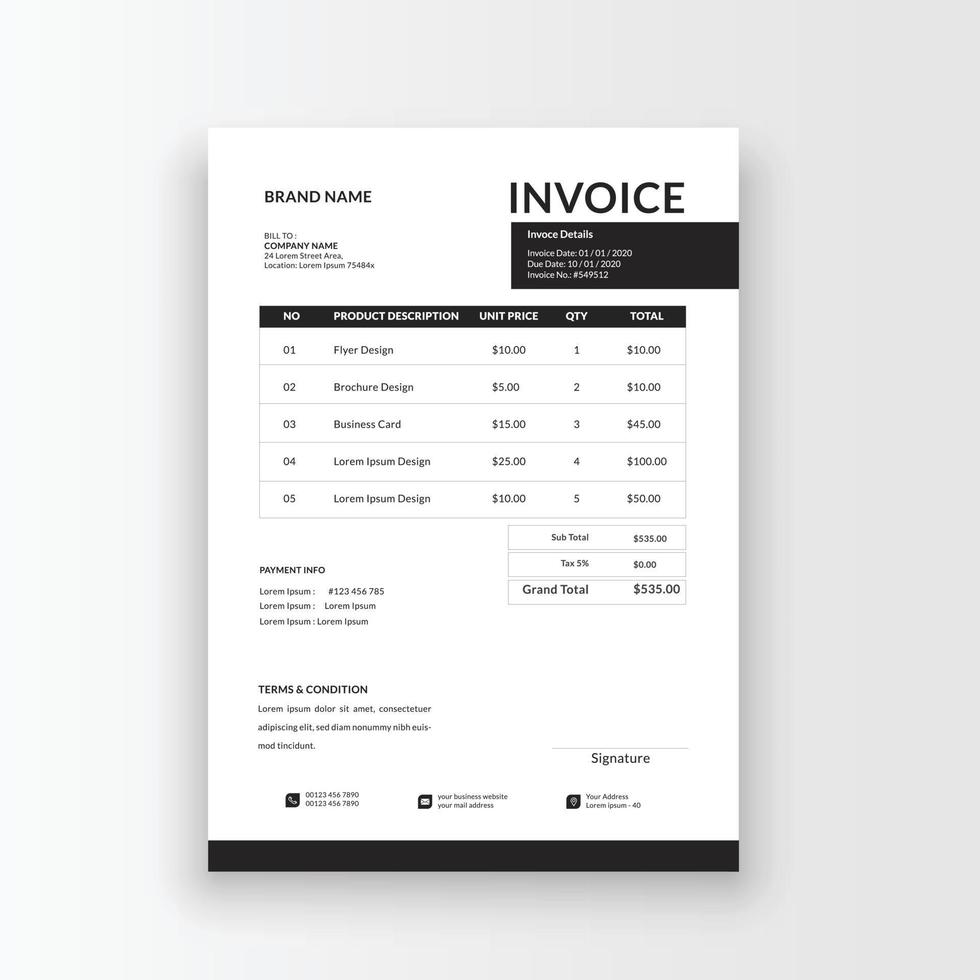 Clean and minimalist business invoice template, receipt voucher, sales invoice vector