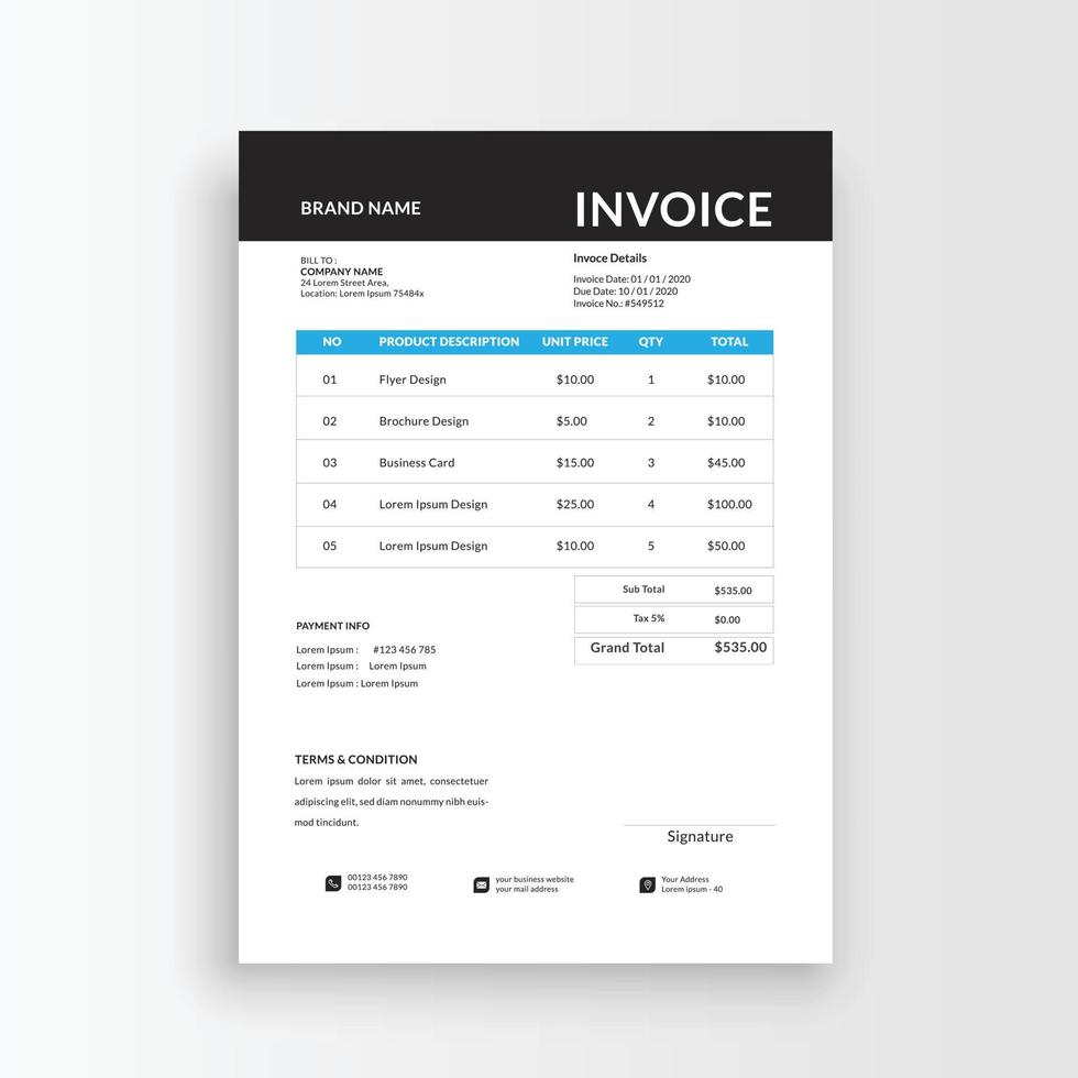Clean and minimalist business invoice template, receipt voucher, sales invoice vector