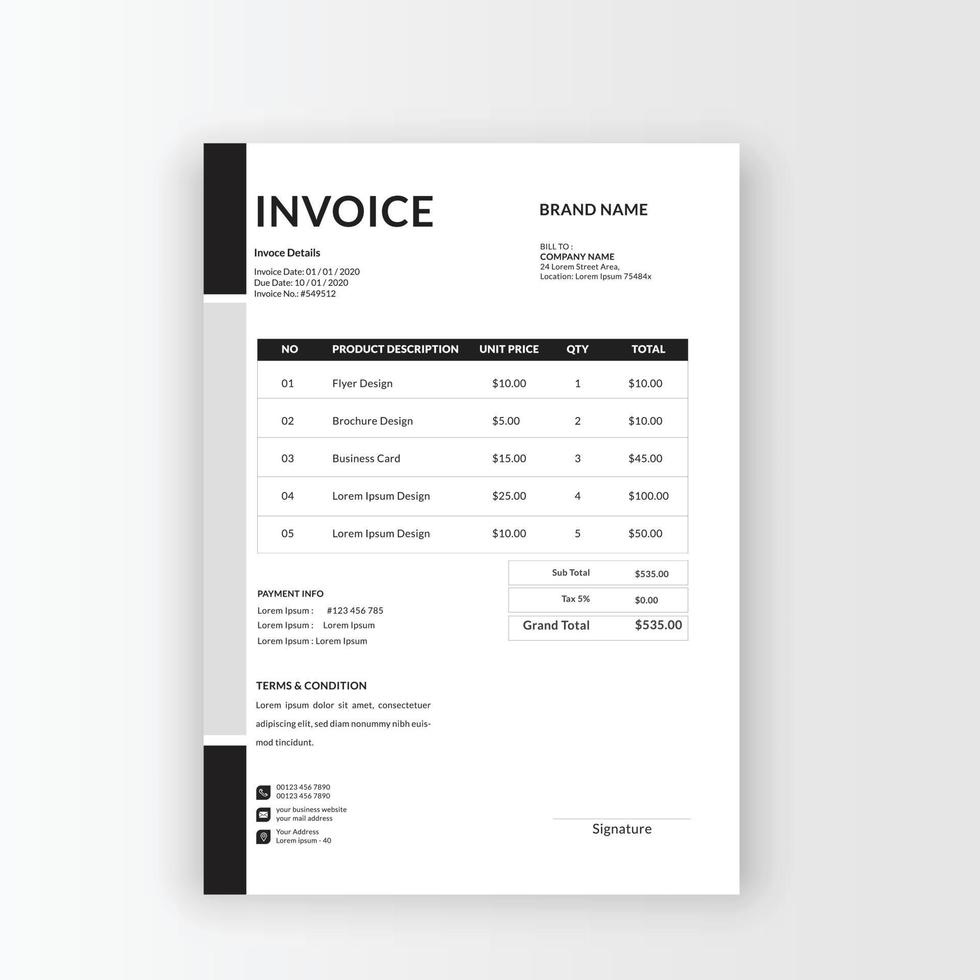 Clean and minimalist business invoice template, receipt voucher, sales invoice vector
