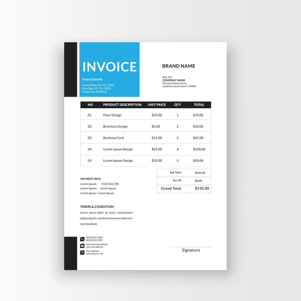 Clean and minimalist business invoice template, receipt voucher, sales invoice vector