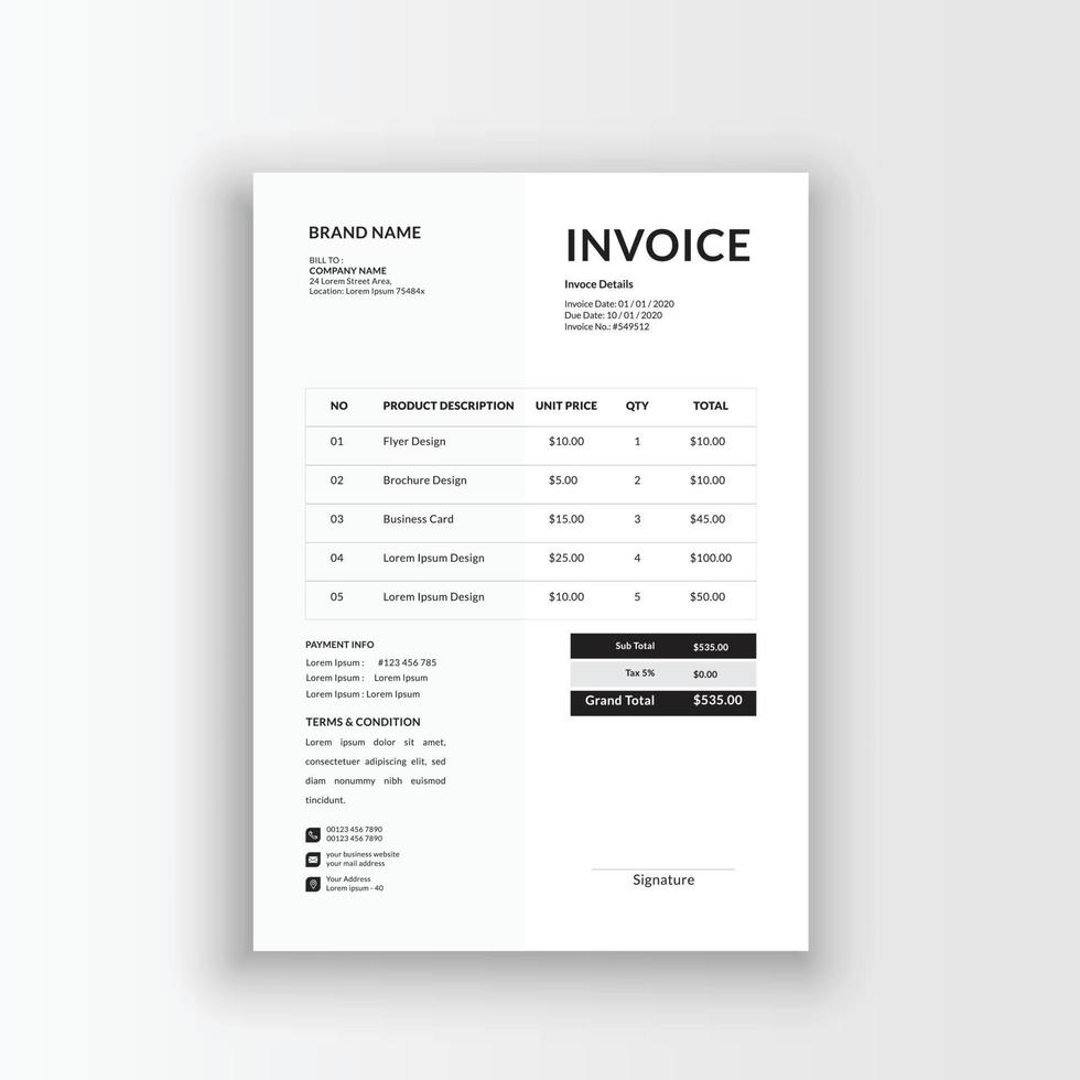 Clean and minimalist business invoice template, receipt voucher, sales invoice vector
