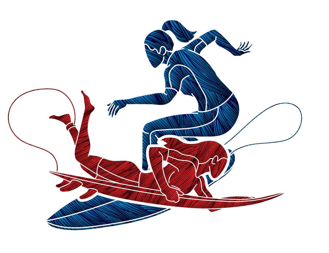 grupo de surfista mujer surf deporte acción vector