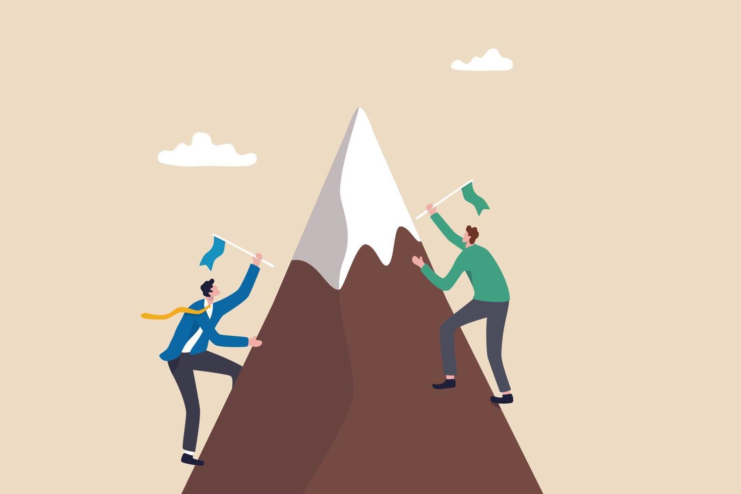 Business competition, businessman compete to win and reach success goal, challenge or career achievement concept, businessmen competitor climb up mountain to put winning flag at the mountain peak. vector