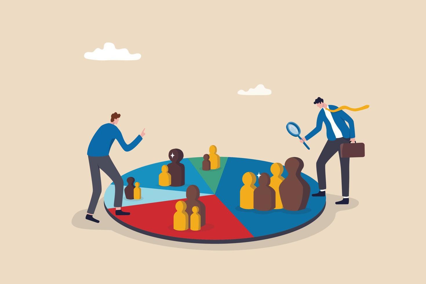 Customer segment analysis for marketing or advertising, target audience, consumer or user group, demographic data or profile to target concept, business team analyzing customer segment pie chart. vector