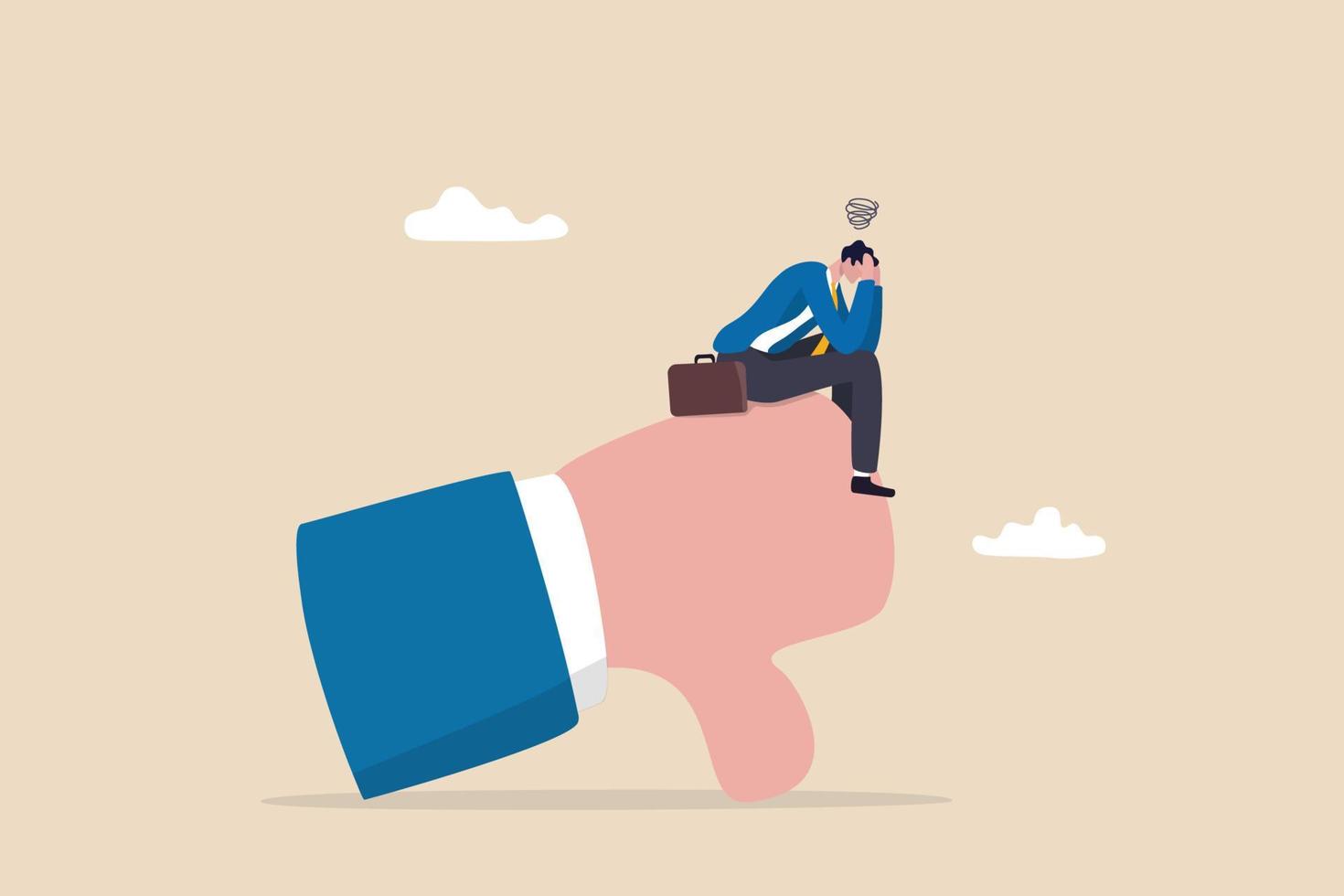 Demotivation from failure, mistake or negative feedback, no passion or burnout from exhausted work, mental breakdown or depression concept, sad stressed businessman sit on negative thumb down symbol. vector