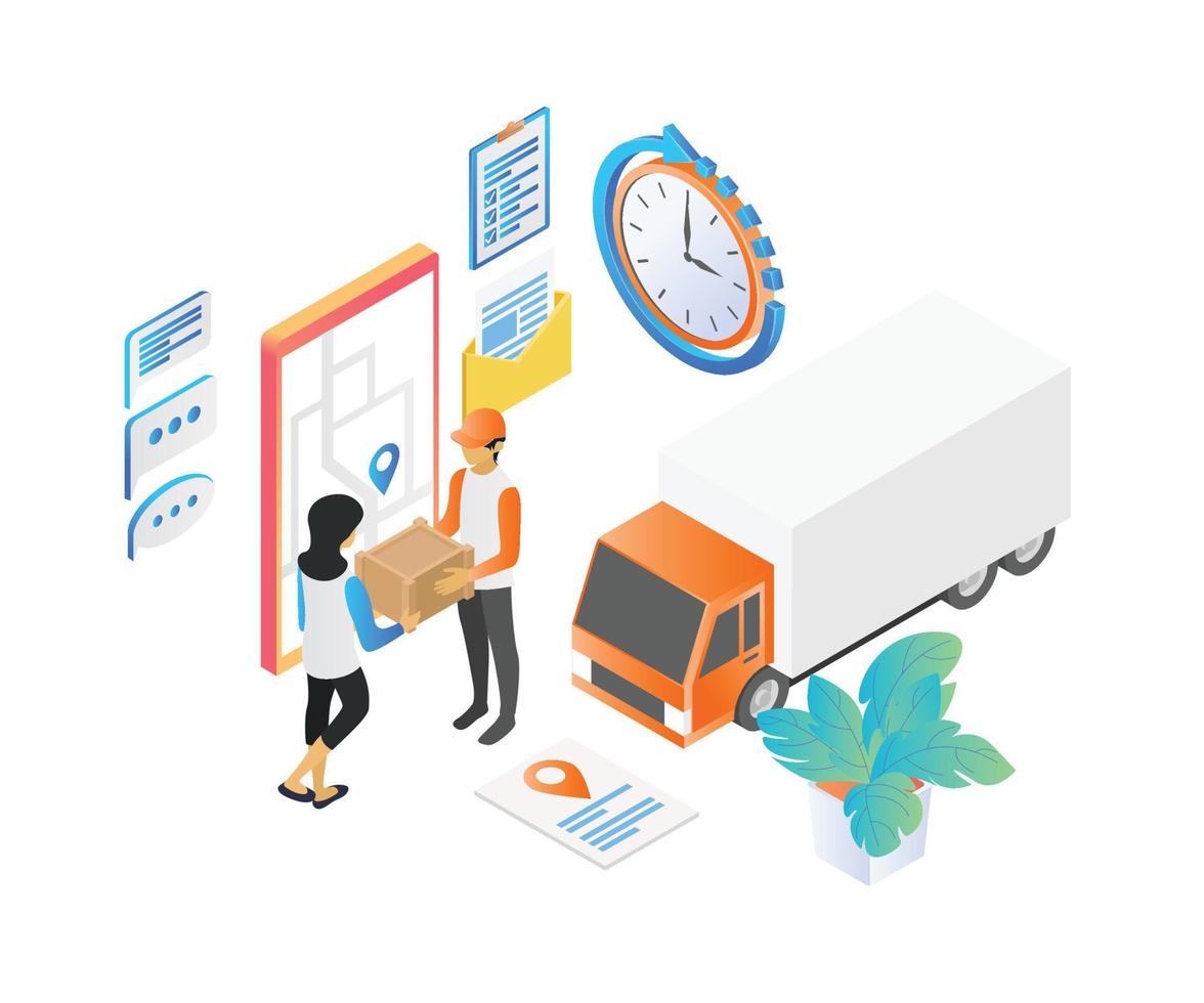 Isometric style delivery order illustration with truck and smartphone vector