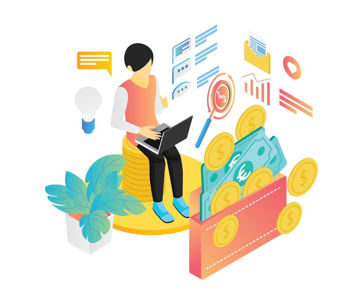 Isometric style illustration of a person getting paid for his work vector