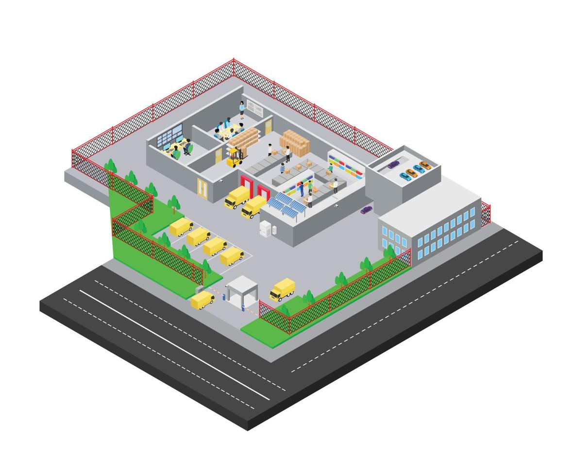 Isometric style illustration of a packaging and shipping factory vector