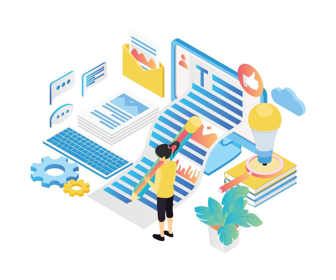 Illustration of people make engage and viral content in isometric style vector