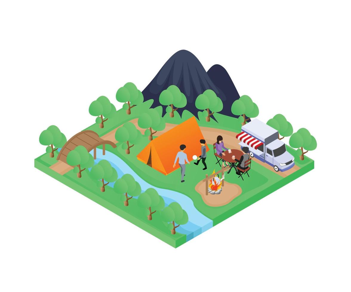 Illustration of a family camping in the forest isometric style vector