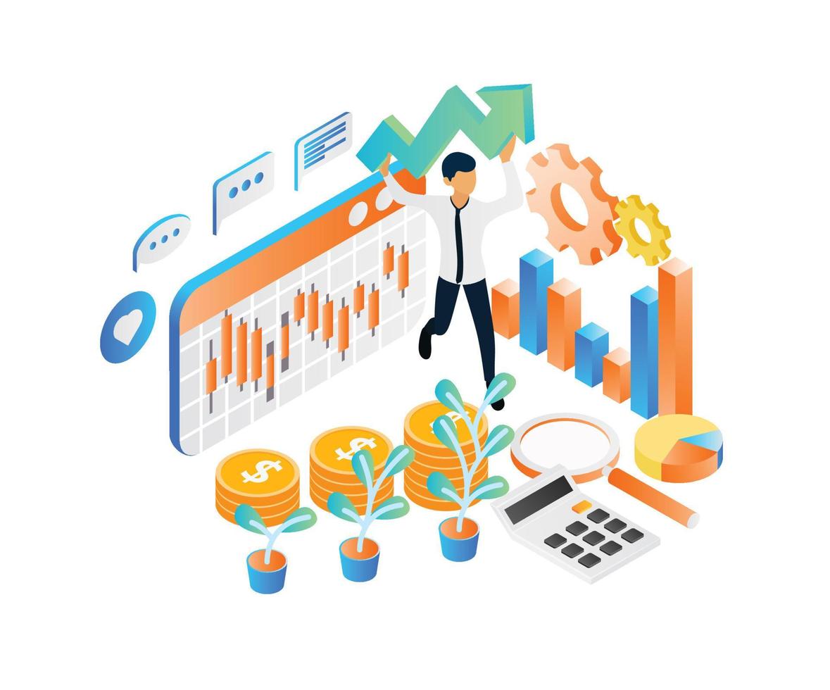 Isometric style illustration about financial investment business analysis vector