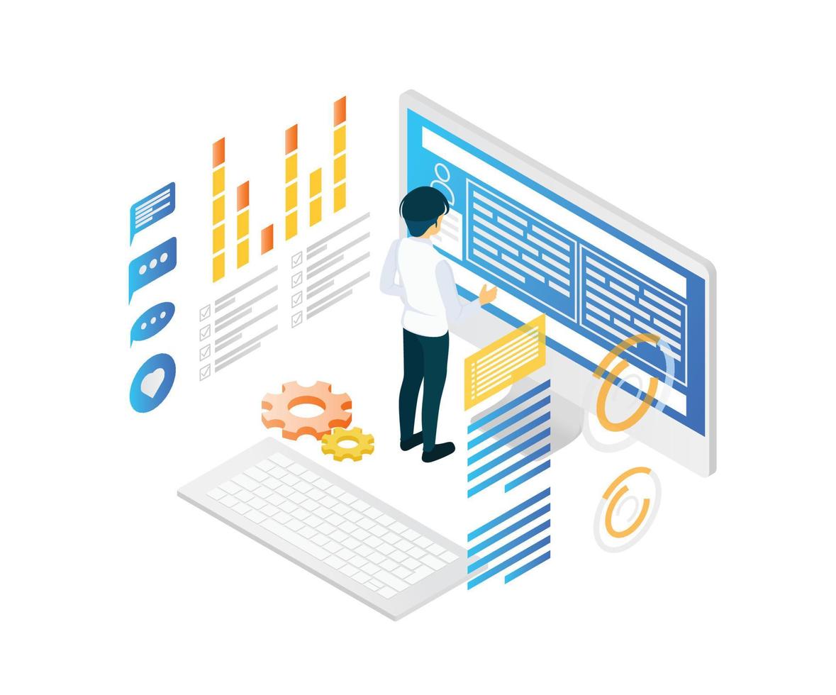 Isometric style illustration of programmer coding analysis with computer and characters vector