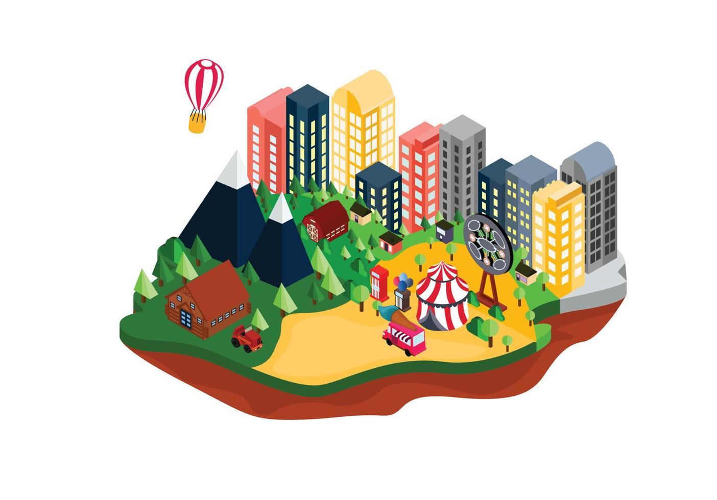 Isometric style illustration suburban countryside map with night market vector