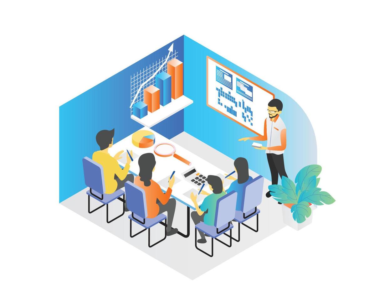 Isometric style illustration of business training and presentation vector