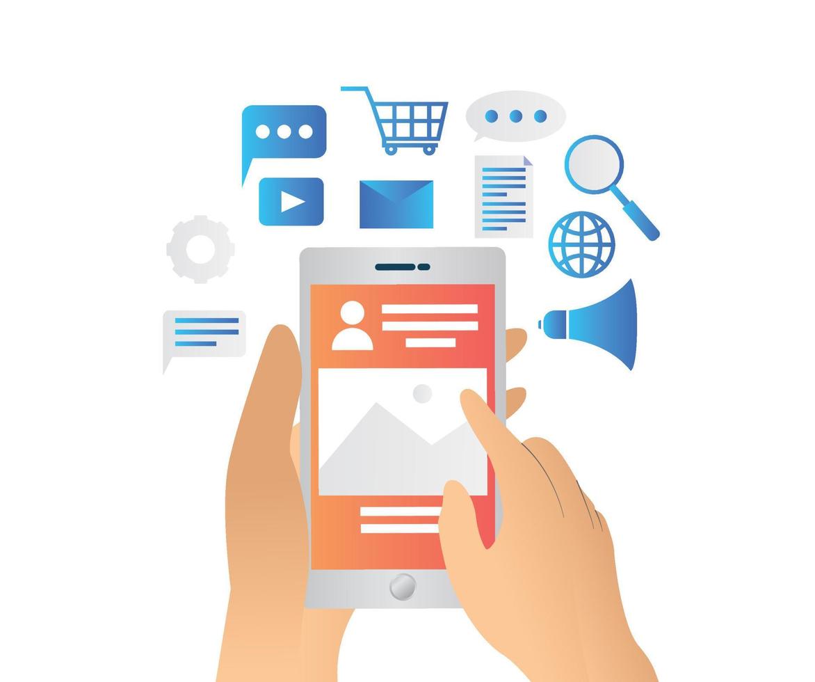 Flat style illustration about social media marketing strategy with smartphone and icon vector