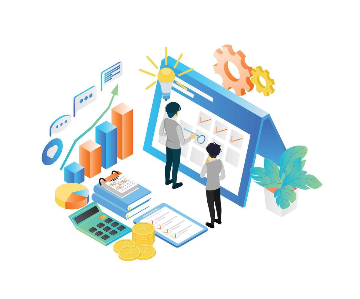 Isometric style illustration of business planning schedule with characters and date vector