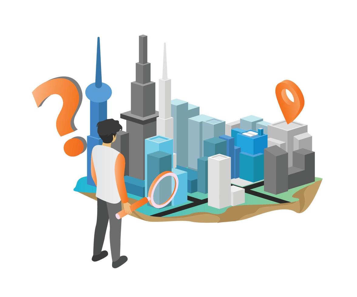 Isometric style illustration looking for an address in a city vector