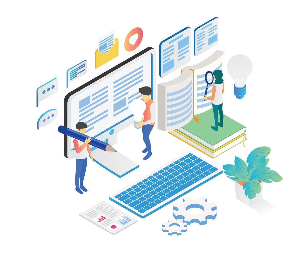 Illustration of people make engage and viral content in isometric style vector