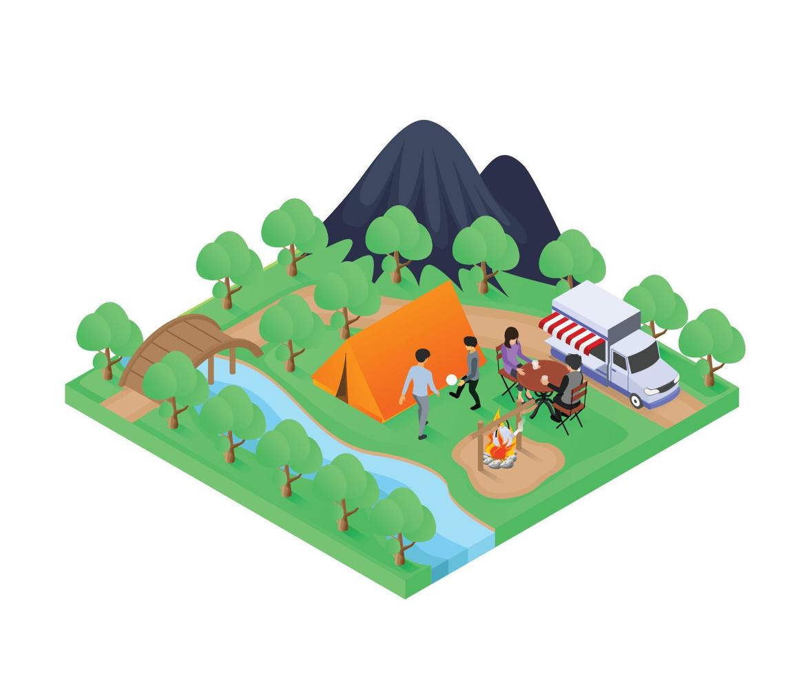 ilustración de una familia acampando en el estilo isométrico del bosque vector