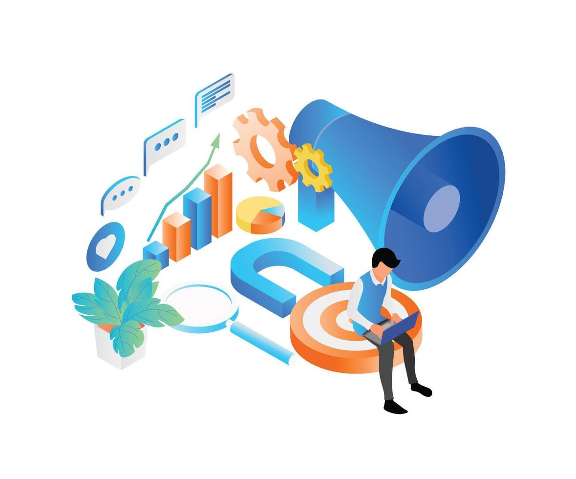 Isometric style illustration about marketing strategy with funnel and character vector